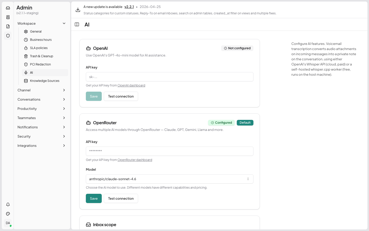 AI Settings admin page