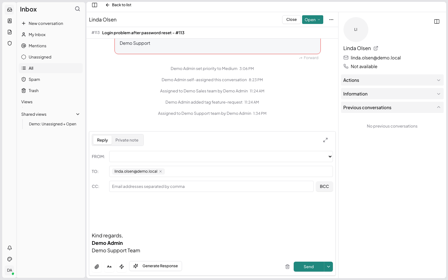 HelperIQ conversation view with reply box and contact sidebar