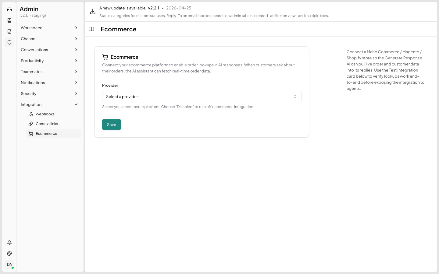 Ecommerce settings page