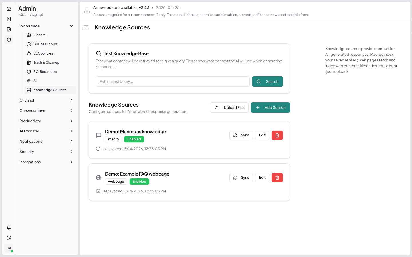 Knowledge sources admin